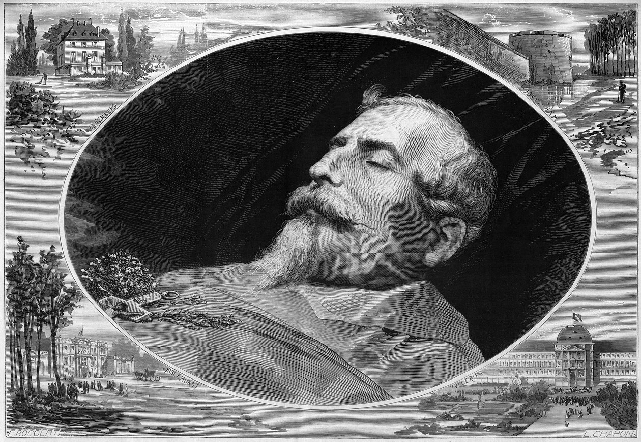Portrett av Napoleon III (1808-1873), på dødsleiet. Gravering i "" Le Monde Illustré"" nr. 824 av 25. januar av French School