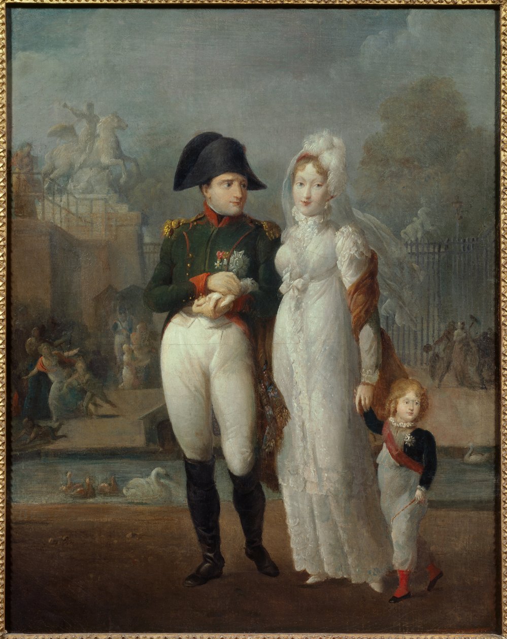 Portrett av Napoleon I (1769-1821) og Mary Louise med deres sønn, kongen av Roma Napoleon II, hertugen av Reichstadt i Tuileries Gardens Anonym maleri. 1800-tallets privatsamling - Portrett av Napoleon I (1769-1821) og Marie Louise med sine så av French School