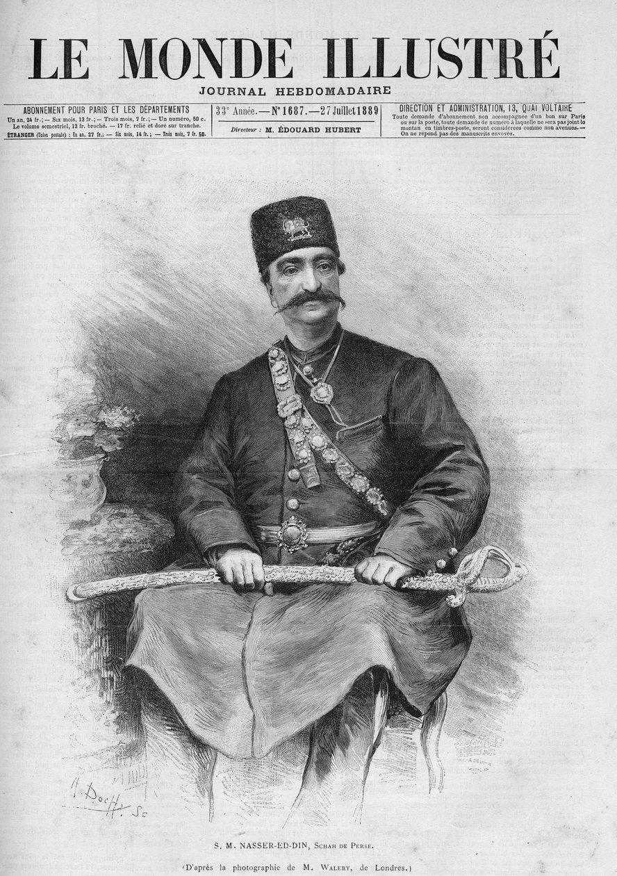 Portrett av Nasser Ed Din (1831-1896), Shah av Persia (Iran). Også kalt Nasseredin Shah, Nasserer-al-Din Shah Qajar, Nasser al-Din Shah Qajar, Nasiruddin Shah. En av avisene "Le Monde Illustré"" nr. 1687 av 27. juli av French School