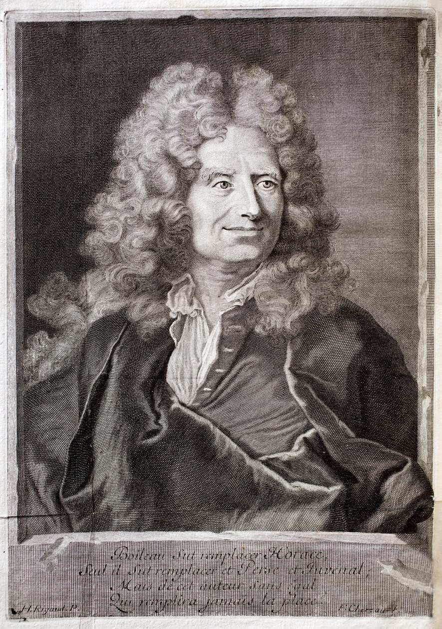 Portrett av Nicolas Boileau, også kjent som Boileau Despreaux (Boileau-Despreaux) (1636-1711) poet, forfatter. Gravering for å illustrere verkene til M. Boileau Despreaux, med historiske belysninger, bind 1, utgave Fabre et Barillot av French School