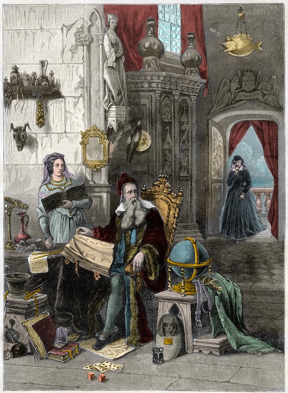 Portrait of Nostradamus, Michel de Notre Dame (1503-1566) French astrologer and doctor with Catherine de Medicis (Caterina de Medici) (1519 - 1589) - 19th century (engraving) av French School