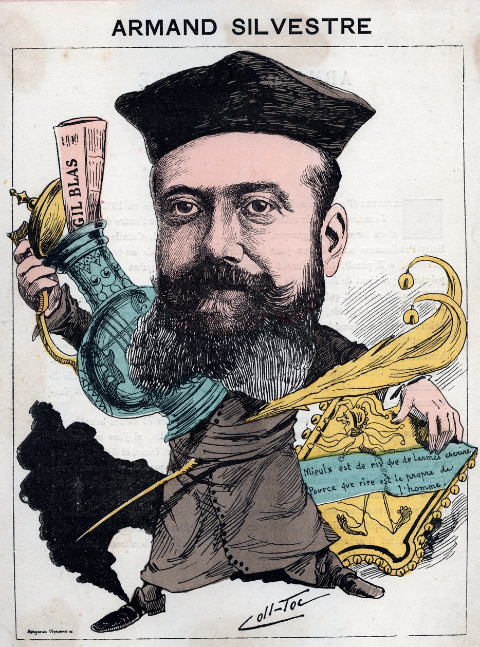 Portrett av Paul Armand (Paul-Armand) Silvestre (1837-1901), fransk poet - tegneserie av andre (Collignon og Tocqueville) i "" Les Hommes d