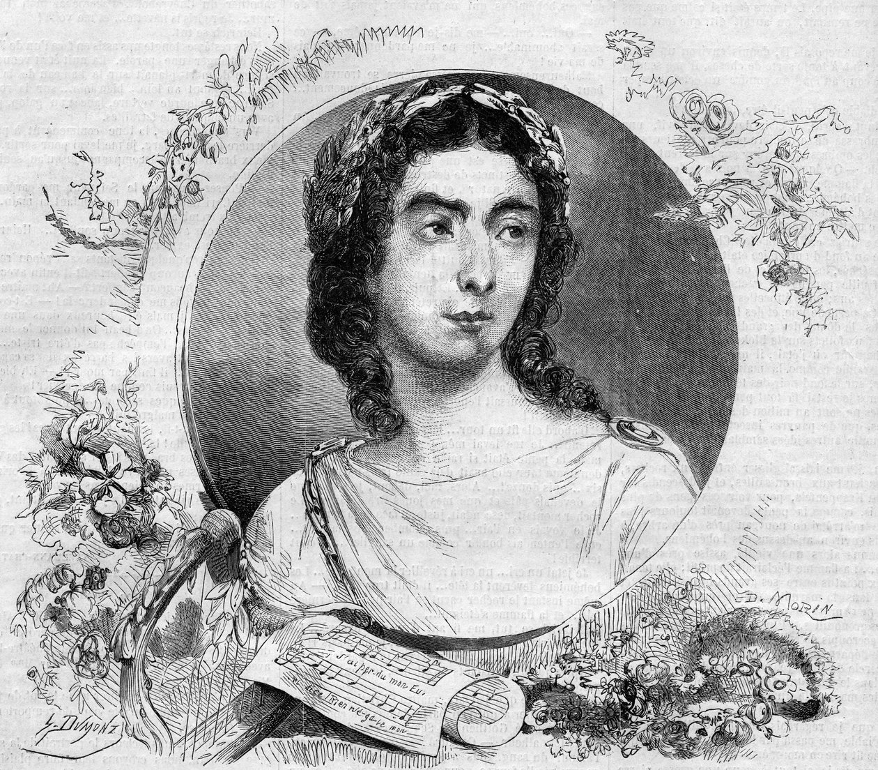 Portrett av Pauline Viardot (1821-1910), fransk sanger, i operaen "" Orphee"" av den tyske komponisten Cristoph Willibald von Gluck (1714-1787). Gravering i "" Le Monde Illustré"" nr. 137 av 26. november av French School