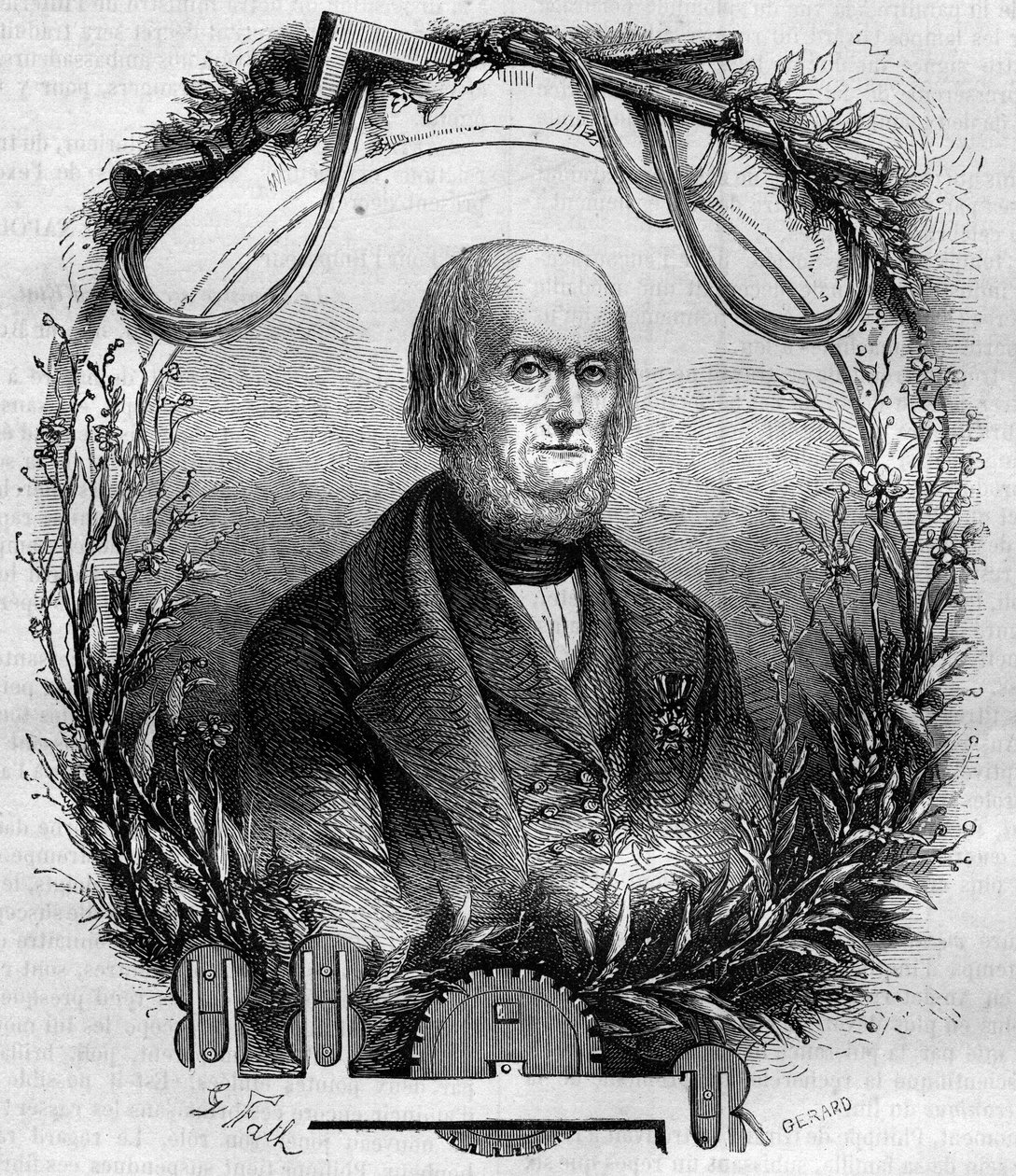 Portrett av Philippe de Girard (1775-1845), fransk oppfinner og industrimann, skaperen av linspinnemaskinen. Gravering fra 1866-1867. av French School