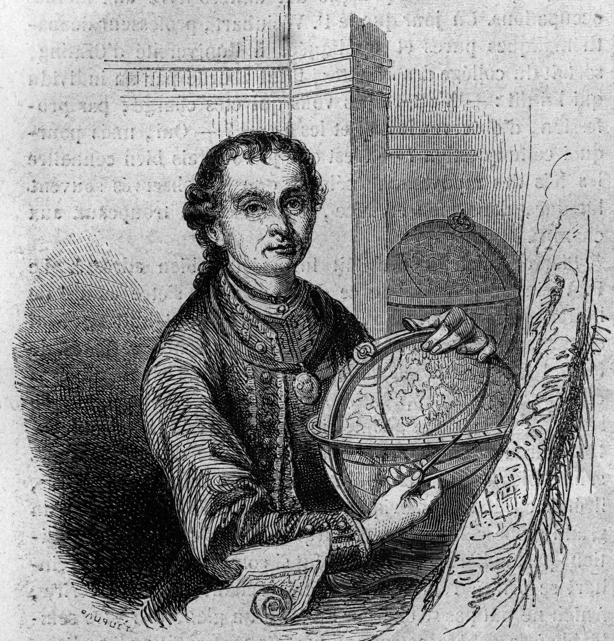 Portrett av Pierre (Peter) Anich (1723-1766), tyrolsk astronom og kartograf, med en globus og et kompas. Gravering i "" Le Magasin pittoreske"" av French School