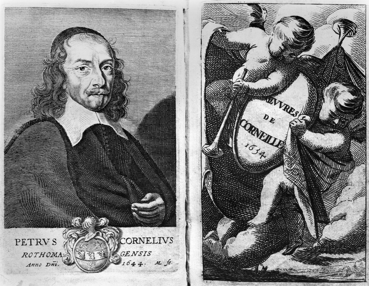 Portrett av Pierre Corneille (1606-84) 1644, frontispice for en utgave av Oeuvres de Corneille, utgitt i 1634 av French School