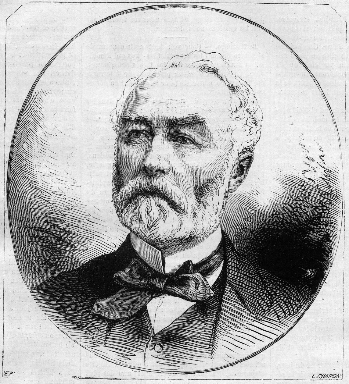 Portrett av Pierre Frederic Dorian (1814-1873), fransk politiker, minister for offentlige arbeider under den tredje republikken i 1870. Gravering i "" Le Monde Illustré"" nr. 707 av 29. oktober av French School