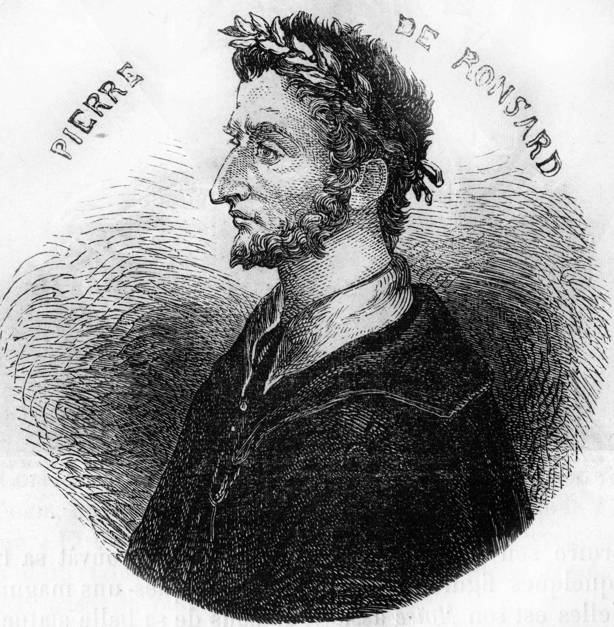 Portrett av Pierre de Ronsard, poet (1524-1585). I ""Frankrikes populære historie"", nd. ca 1885. Gravering. av French School
