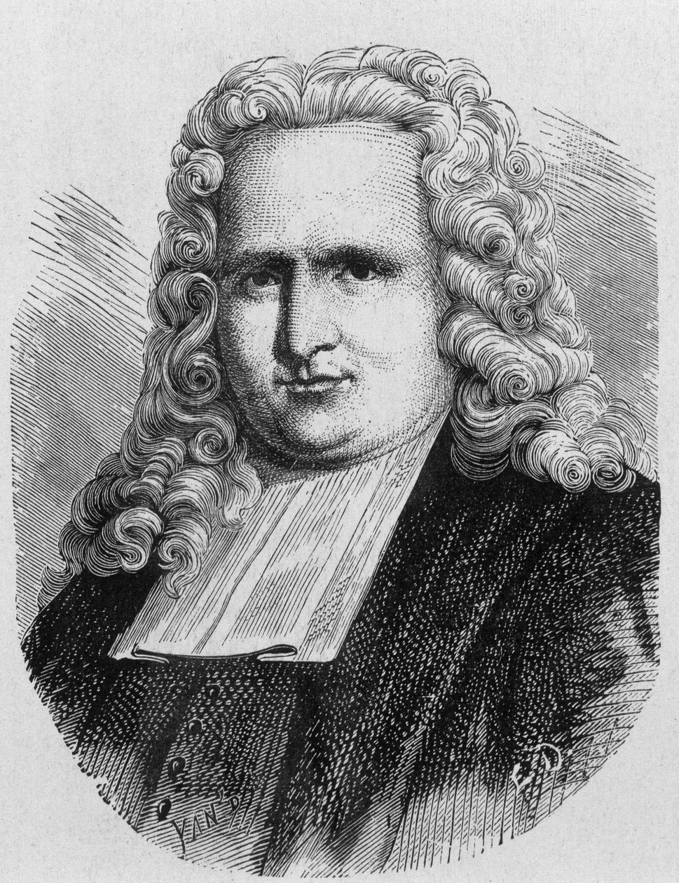Portrait of Pieter (Petrus, Pierre) van Musschenbroek (1692 - 1761), Dutch physicist, inventor in 1745 of the first electric capacitor (bottle of Leiden) - in “” Album of Science; illustrious scientists; Great discoveries””” 1896. av French School