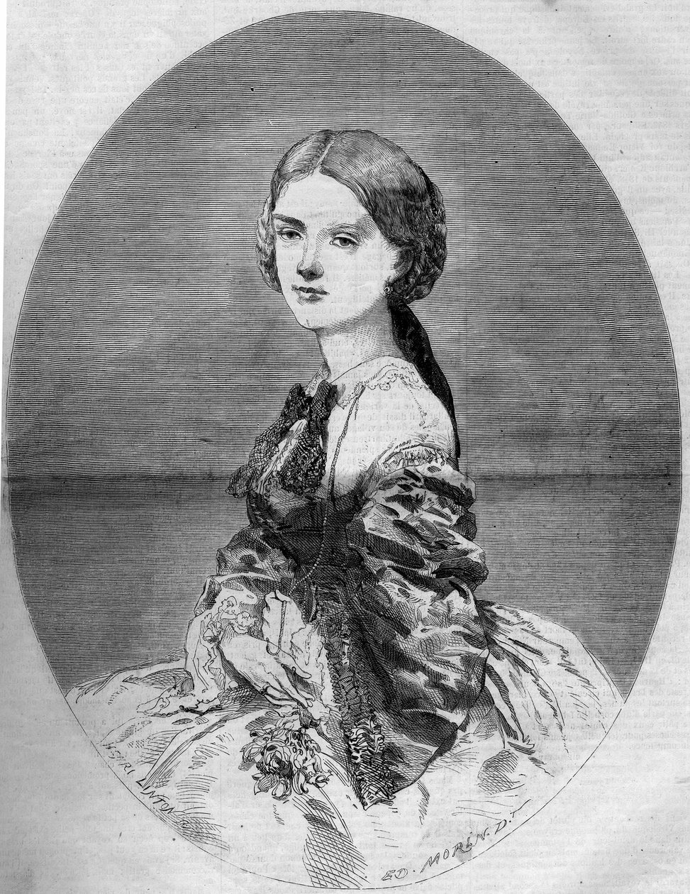 Portrett av prinsesse Clotilde av Savoy (1843-1911), fremtidige kone til prins Napoleon (1822-1891). Gravering i "" Le Monde Illustré"" nr. 94 av 29. januar 1859. av French School