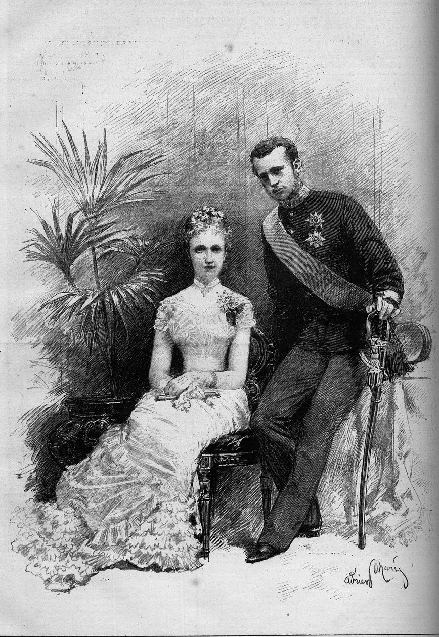 Portrett av prinsesse Stephanie av Belgia (1864-1945) og erkehertug Rodolphe av Østerrike (1858-1889). Gravering i "" Le Monde Illustré"" nr. 1209 av 29. mai 1880. av French School