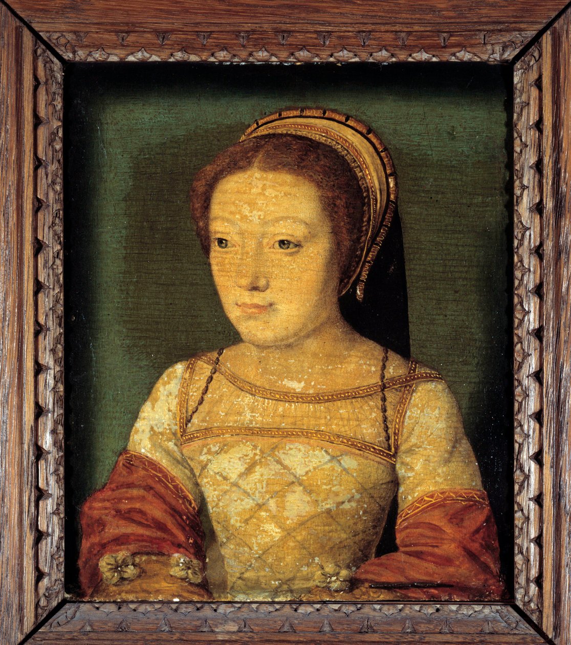 Portrett av Renee av Frankrike, datter av Ludvig XII, hertuginne av Ferrara (1510 - 1575). Olje på tre, 0,16 x 0,13 m. anonymt maleri. Fransk skole på 1500-tallet. av French School