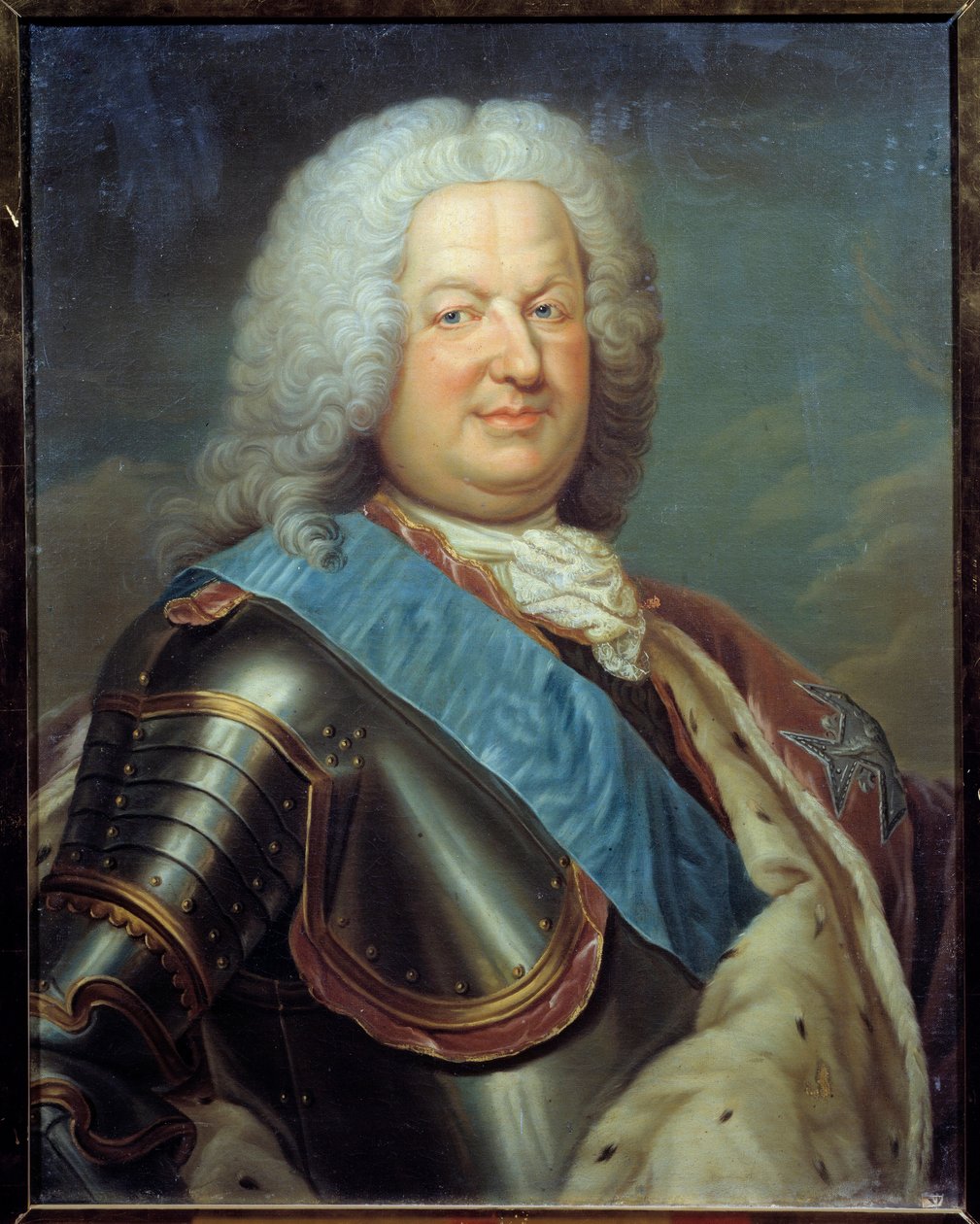 Portrett av Stanislas Lesczinski (1677-1716) konge av Polen, hertug av Lorraine og barmaleri av den franske skolen. 18. århundre. Søn 0,76x0,6 m av French School