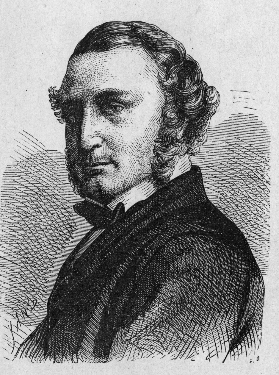 Portrett av Thomas Russell Crampton (1816 - 1888), britisk ingeniør: han tegnet et høyhastighetslokomotiv, bygget Berlins hydrauliske nettverk og deltok i etableringen av undersjøisk kabel mellom Calais og Douvres- i "Album of Science; illu av French School