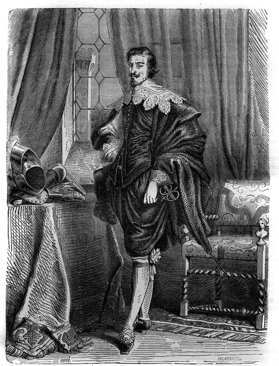 Portrait of Thomas Wentworth (1593-1641), Earl of Strafford, English statesman, Knight of the Garter and important figure in the events leading up to the first English revolution. Engraving in “” History of the Popes (...) Crimes of the Queen King and Empe av French School
