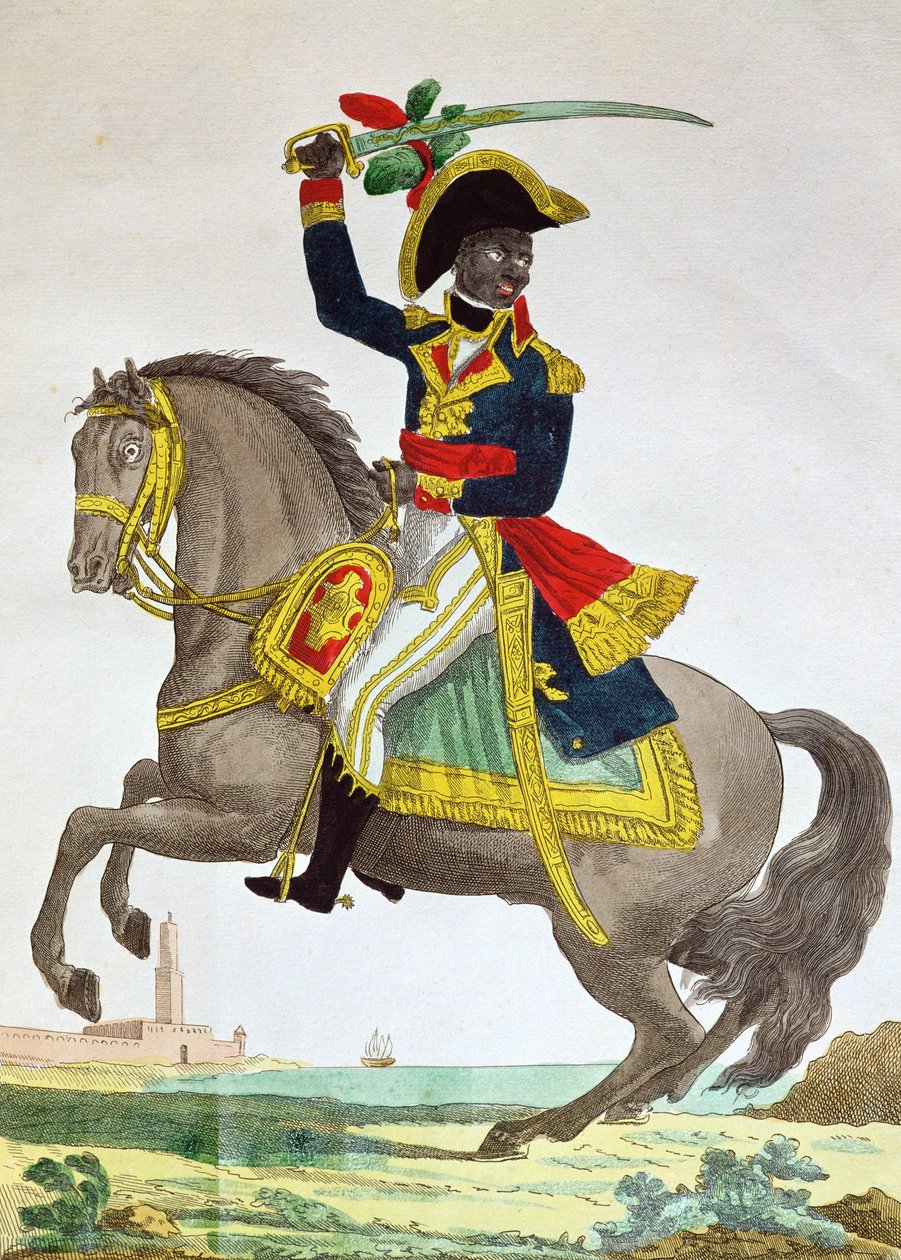 Portrett av Toussaint Louverture (1743-1803) til hest, tidlig på 1800-tallet (fargegravering) av French School