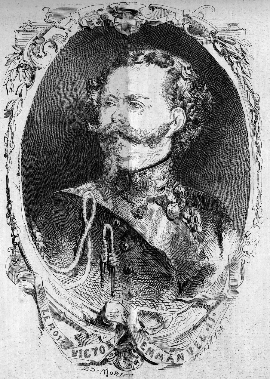 Portrett av Victor Emmanuel II (Vittorio Emanuele) (Victor-Emmanuel) (1820-1878), konge av Sardinia og fremtidig konge av Italia. Gravering i "" Le Monde Illustré"" nr. 95 av 5. februar 1859. av French School