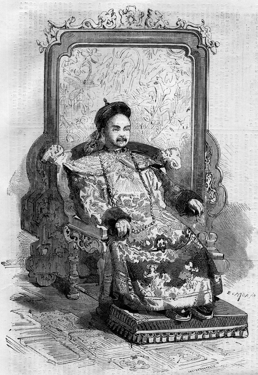 Portrett av Xianfeng (1831-1861), keiser av Kina av Qing-dynastiet. Gravering i "" Le Monde Illustré"" nr. 199 av 2. februar av French School