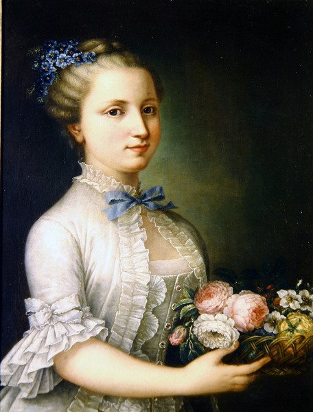 Portrett av en dame med blomster (olje på lerret) av French School