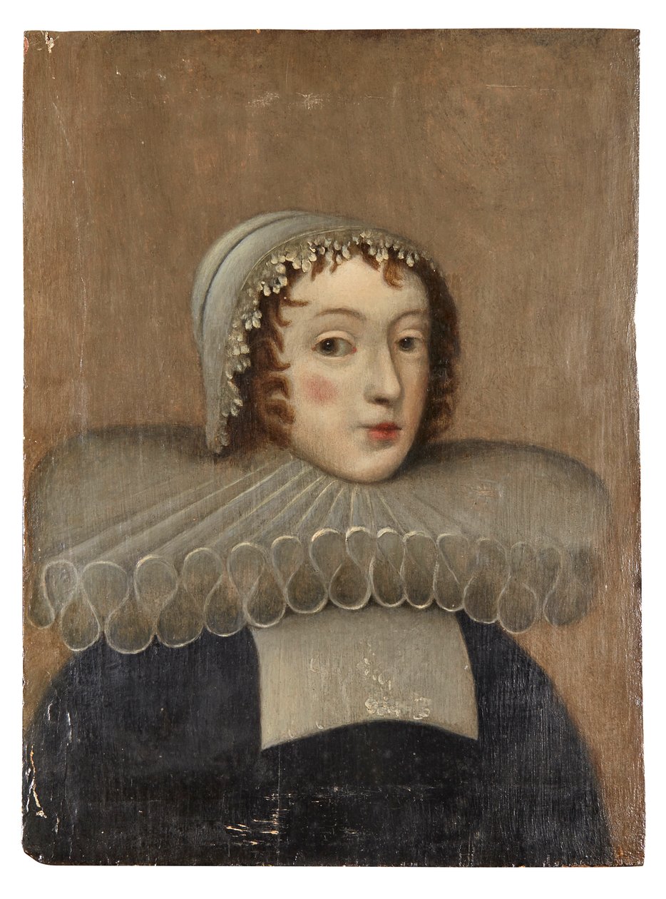 Portrett av en dame med røff (olje på panel) av French School