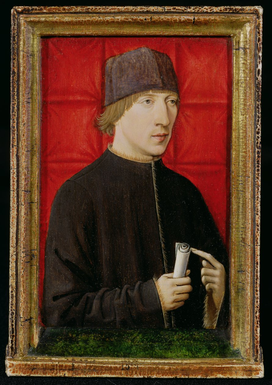 Portrett av en mann som holder en rulle, ca. 1480-1510 av French School