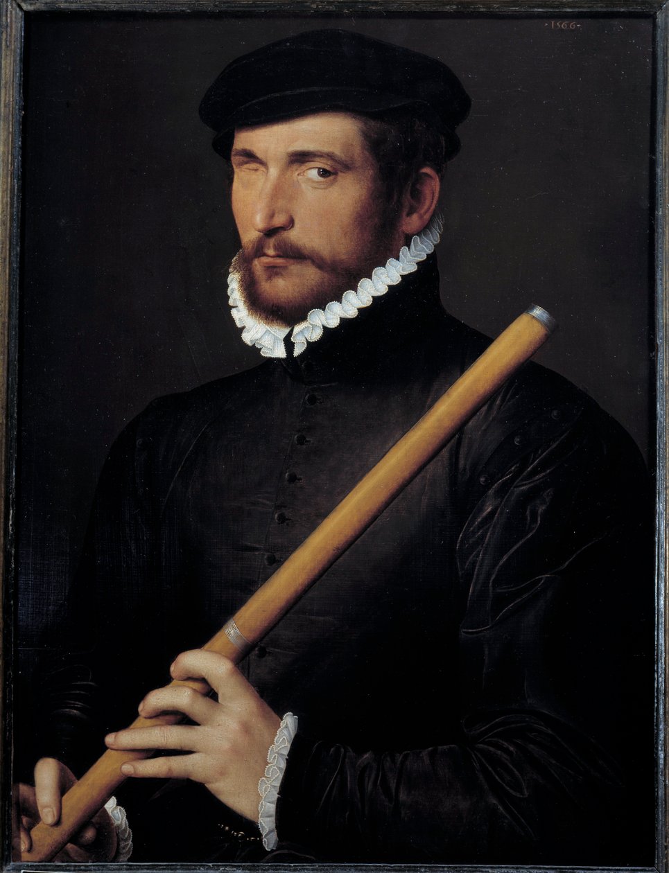 Portrett av en blind fløytist Maleri av Ecole francaise. 1566 Søn. 0,62x0,5 m - Portrett av en enøyd fløytist. Fransk skolemaleri. 1566. 0,62 x 0,5 m. Louvre-museet, Paris av French School