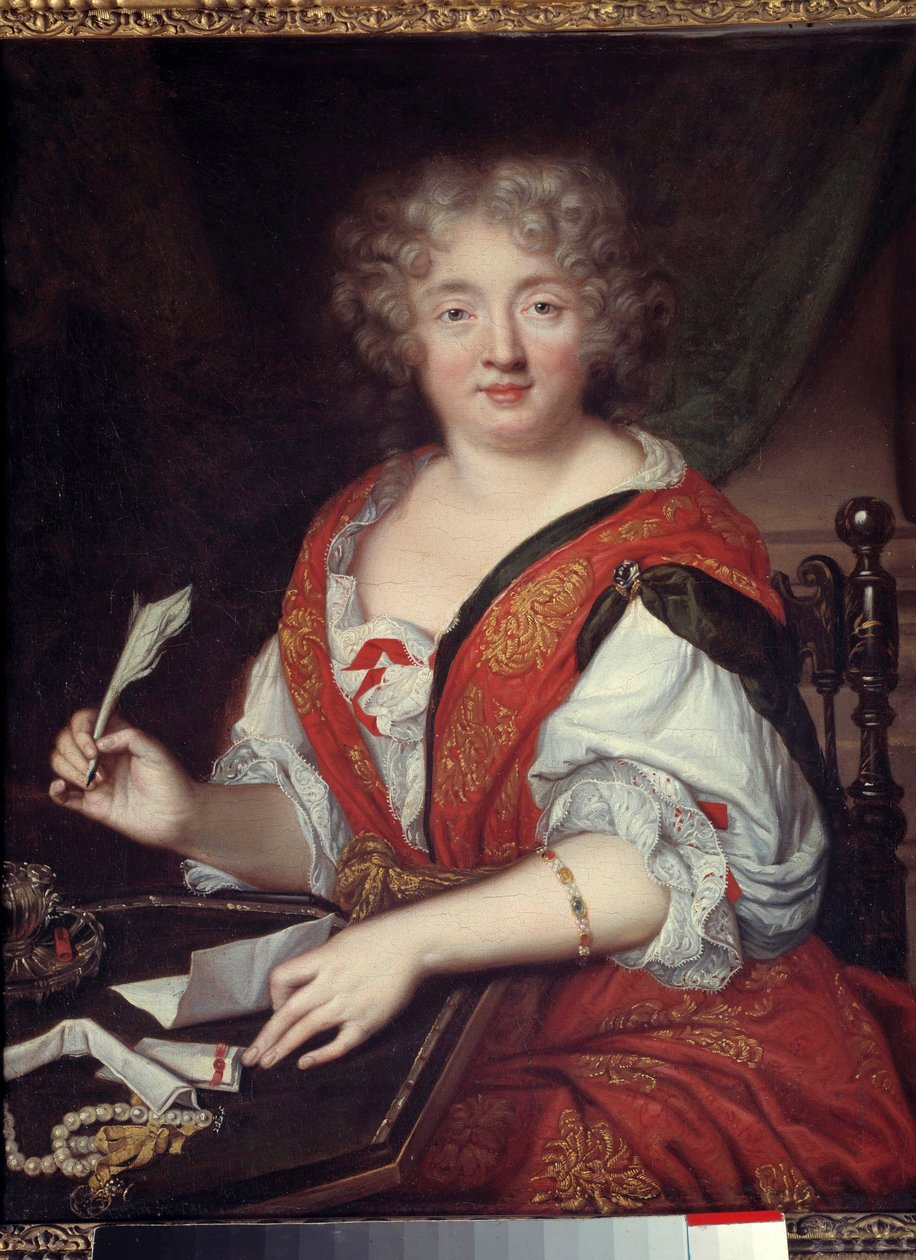Portrett av en kvinne som skriver tidligere identifisert som Madame de Sevigne (1626-1696) Det ville være Marie de Rabutin-Chantal (Rabutin Chantal), Marquise de Sevigne dit Madame de Sevigne (1626-1696), kvinne med bokstaver. Hun bærer et armbånd i halv a av French School
