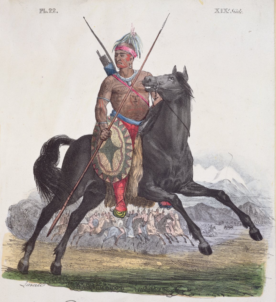Portrett av en Apache-sjef fra Rio Colorado-regionen i California, plate 22 fra en serie Costumes Mexicains, ca. 1825 av French School