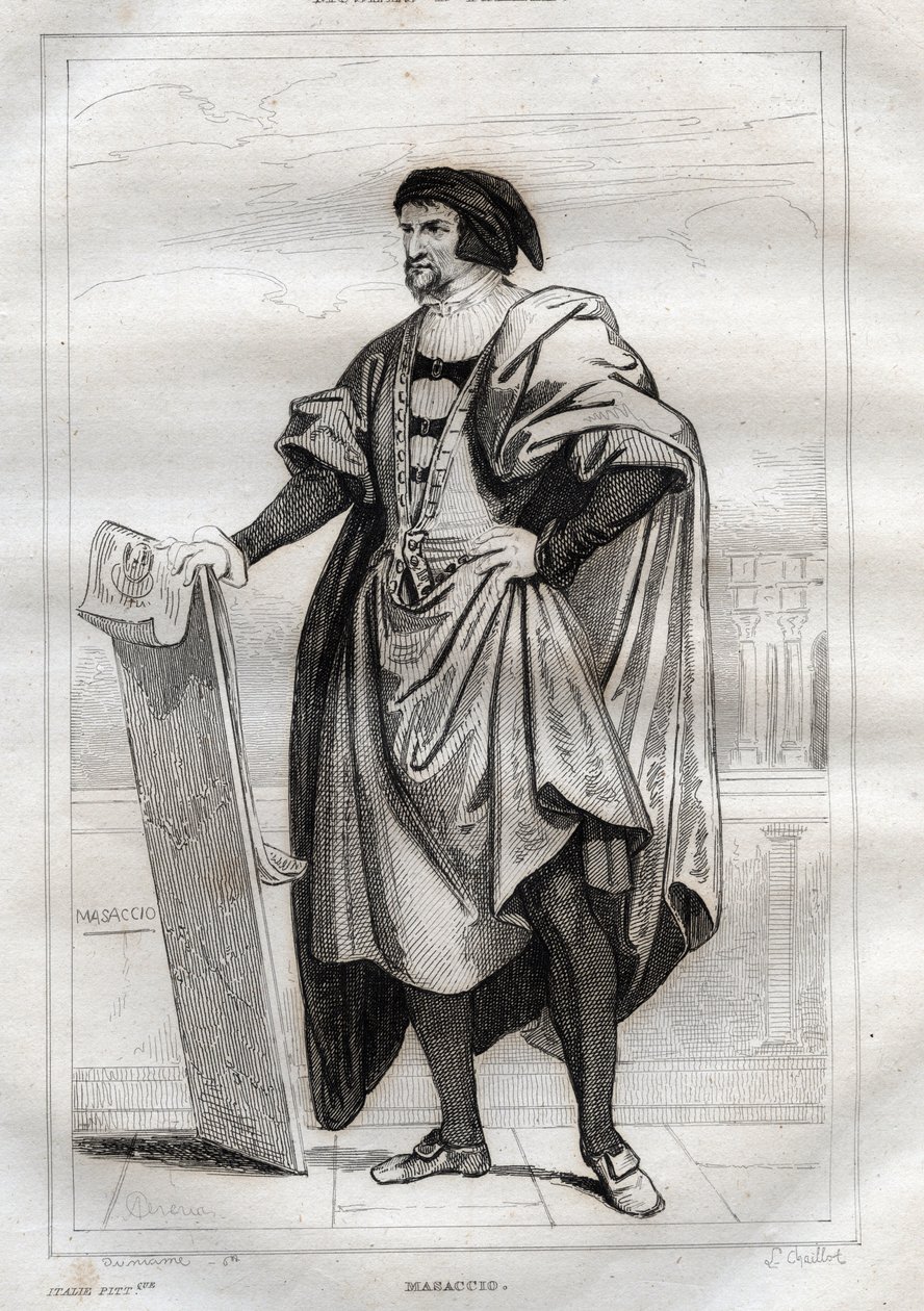 Portrait of italian painter Masaccio (Tommaso di Giovanni Cassai) (1401-1428) - Engraving from “” Italy Picturesque” - Historical and Descriptive Painting of Italy” by M. de Norvins, Ch. Nodier 1834-1836. av French School