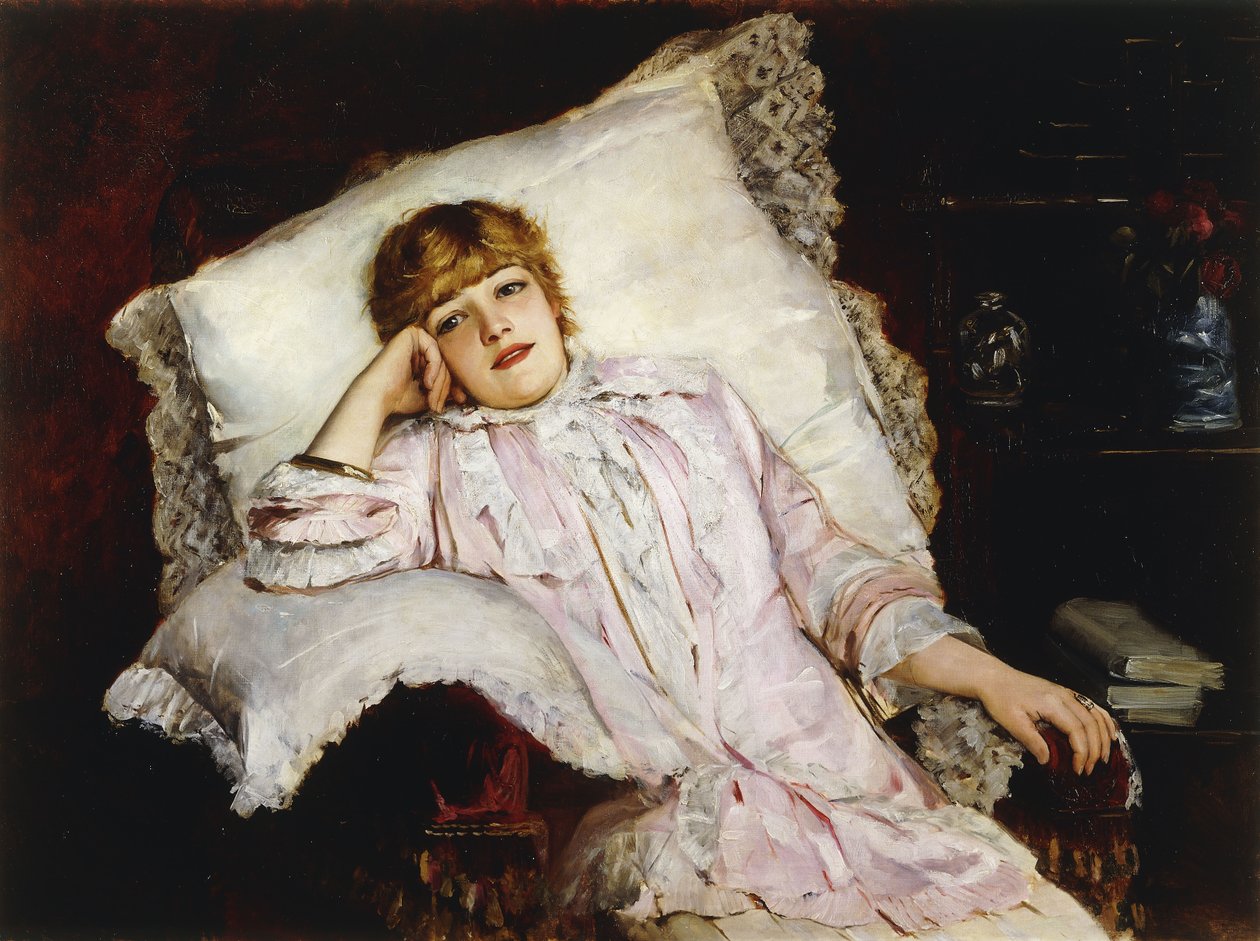 Portrett av skuespillerinnen Jeanne Samary sittende i trekvart lengde, av French School