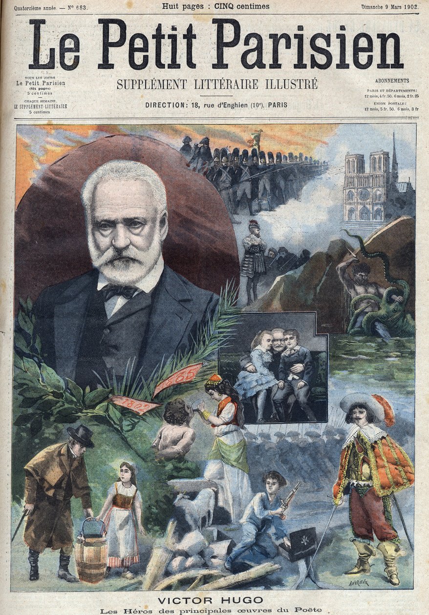 Portrett av den franske forfatteren Victor Hugo (1802-1885) med illustrasjoner av hans hovedverk. Gravering i "Le petit Parisien" av French School