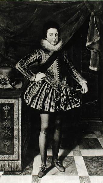 Portrett av spedbarnet Ludvig XIII (1601-43) konge av Frankrike og Navarra, ca. 1611 (olje på lerret) (s/hvitt foto) av French School