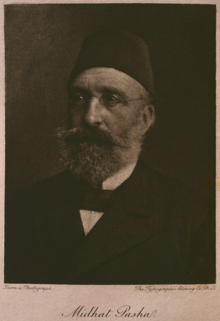 Portrett av Khedive Tawfik, fra LEgypte av Georg Moritz Ebers (1837-98), 1881 (bw gravering) av French School