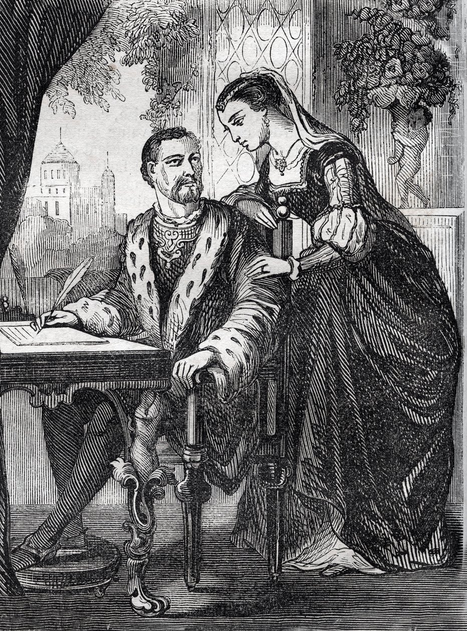 Portrett av kongen av Frankrike Henri II (1519-1559) og Diane de Poitiers (1499-1566)" (Portrett av kongen av Frankrike Henri II og Diane av Poitiers) - gravering - av French School