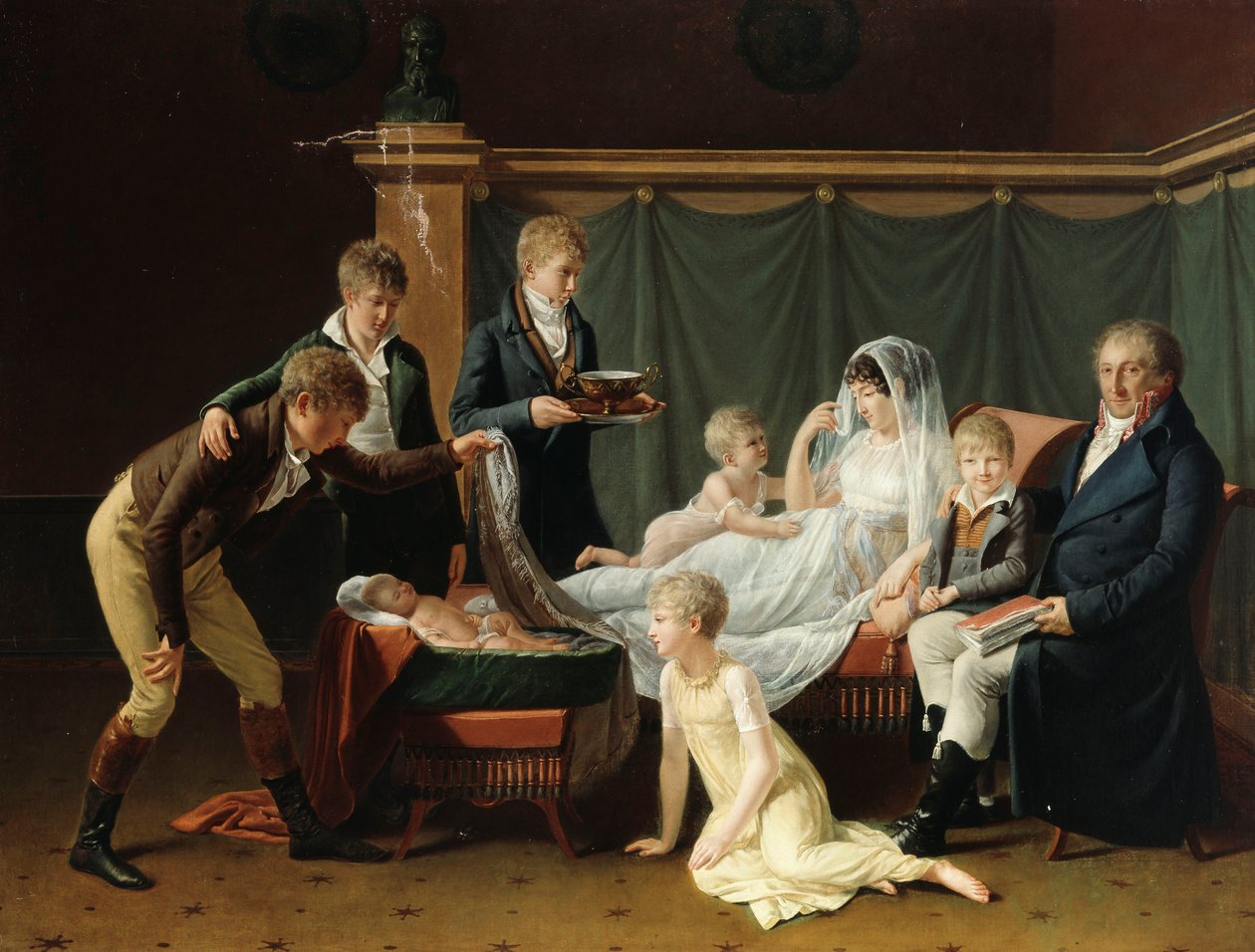 Portrett av markisen og markisen de Cramayel og deres syv barn i et interiør, av French School