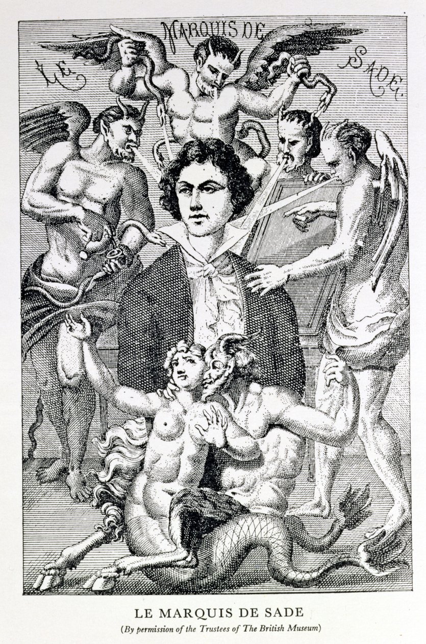 Portrett av Marquis de Sade omgitt av djevler (gravering) av French School