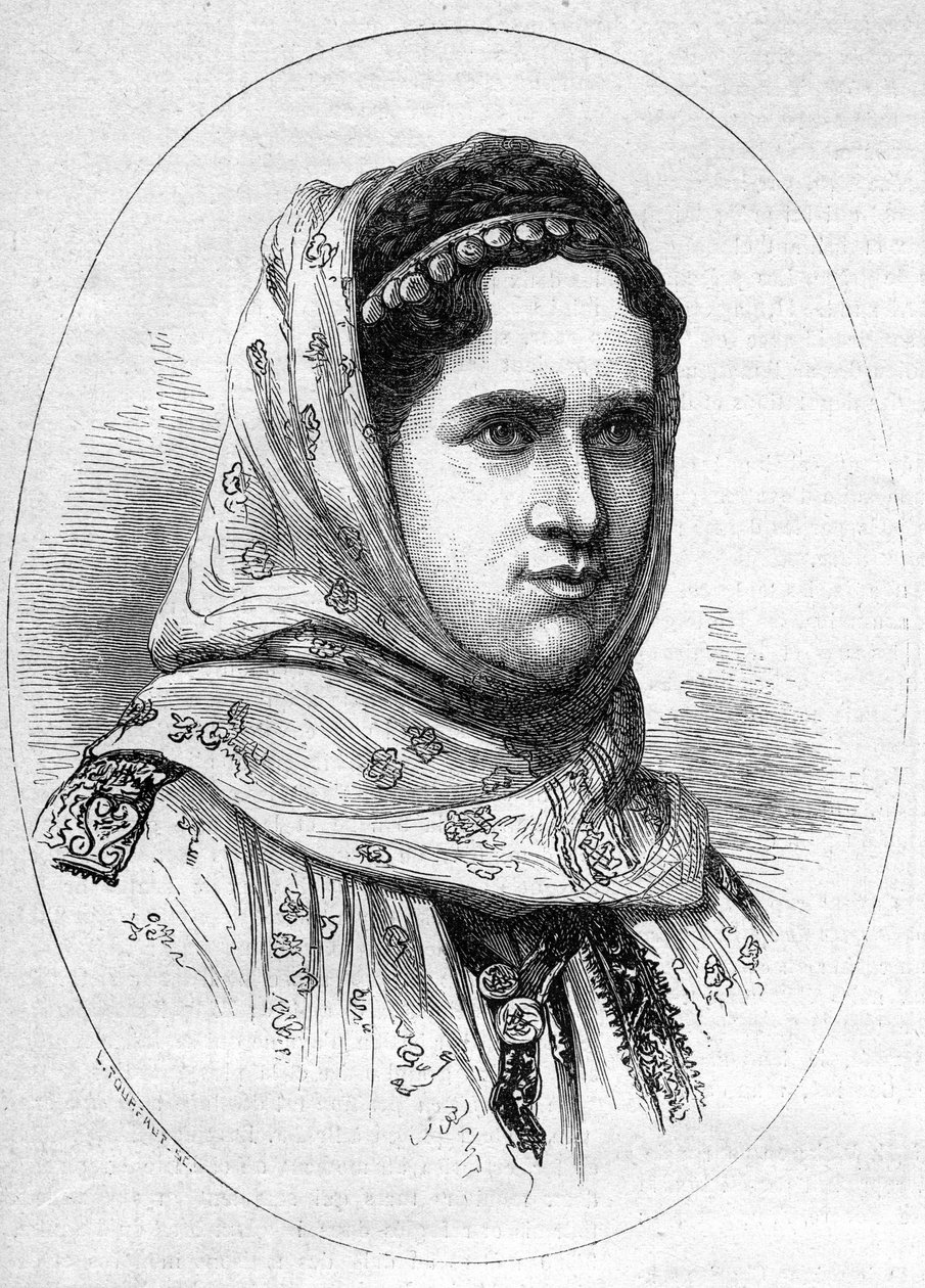 Portrett av prinsessen av Romania Elisabeth Pauline Ottilie Louise de Wied (1839-1914), kone til den fremtidige kong Charls 1. (Carol 1.) av Romania. Gravering i "" Le Monde Illustré"" n°1054 av 23. juni 1877. av French School