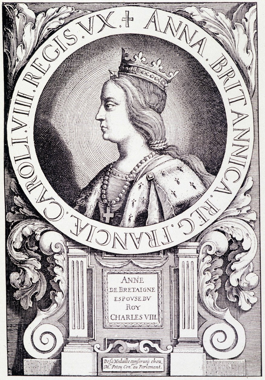 Portrett av dronningen av Frankrike Anne av Bretagne (1477-1514). Gravering fra "Louis XII et Anne de Bretagne" av Paul Lacroix, red. Georges Hurtrel av French School