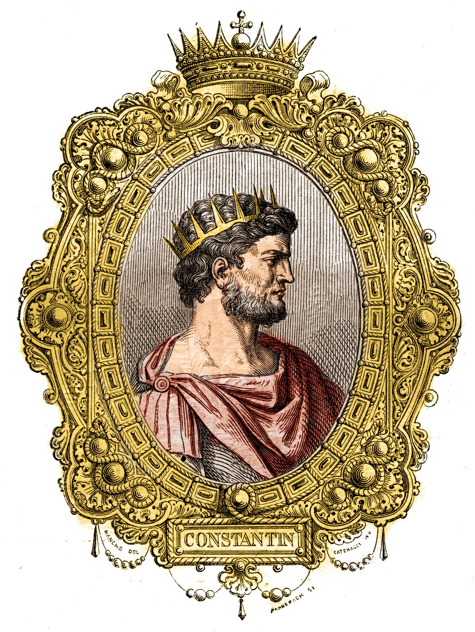 Portrait of the Roman Emperor Constantine I The Great (274-337). Engraving in “Histoire des papes-kings-queens-et-empereurs a travers les centuries”” by Maurice Lachatre av French School