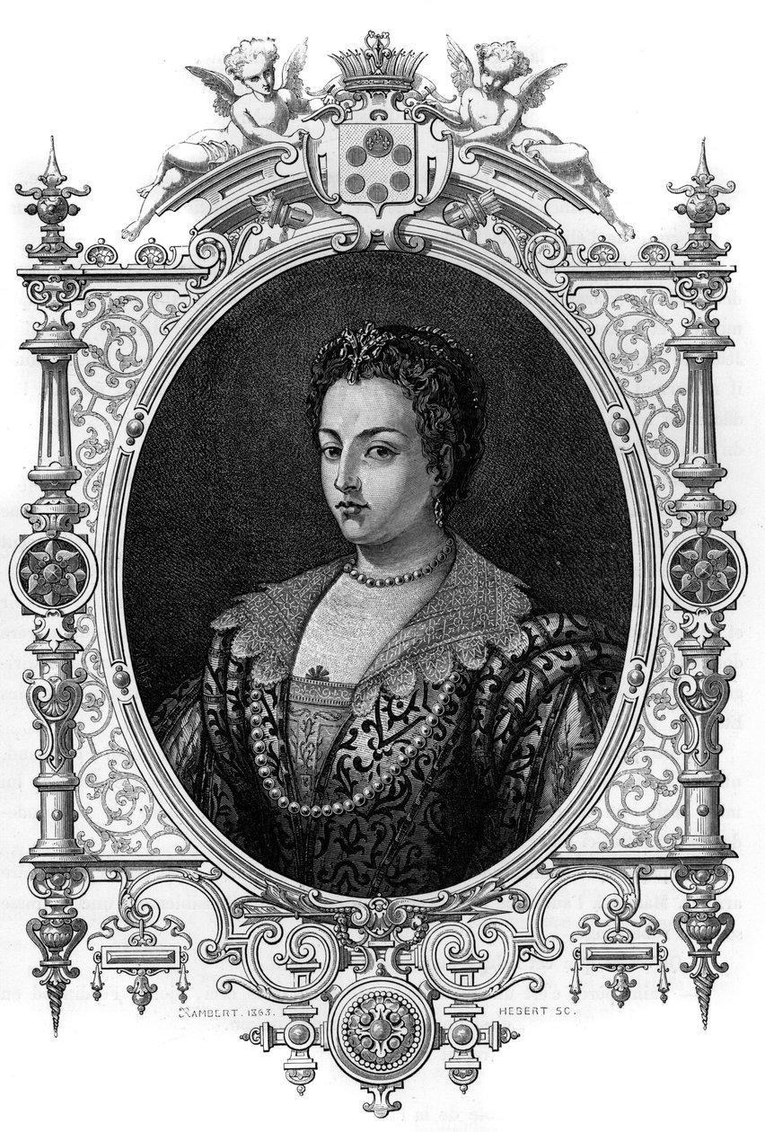 Portrait of the Venetian Bianca Cappello (1548 - 1587), wife of Francois de Medicis (Francesco de Medici). Engraving of 1862 in “” The Queens of the World”” by our first writers. Book published under the direction of J. G. D. ARMENGAUD. av French School