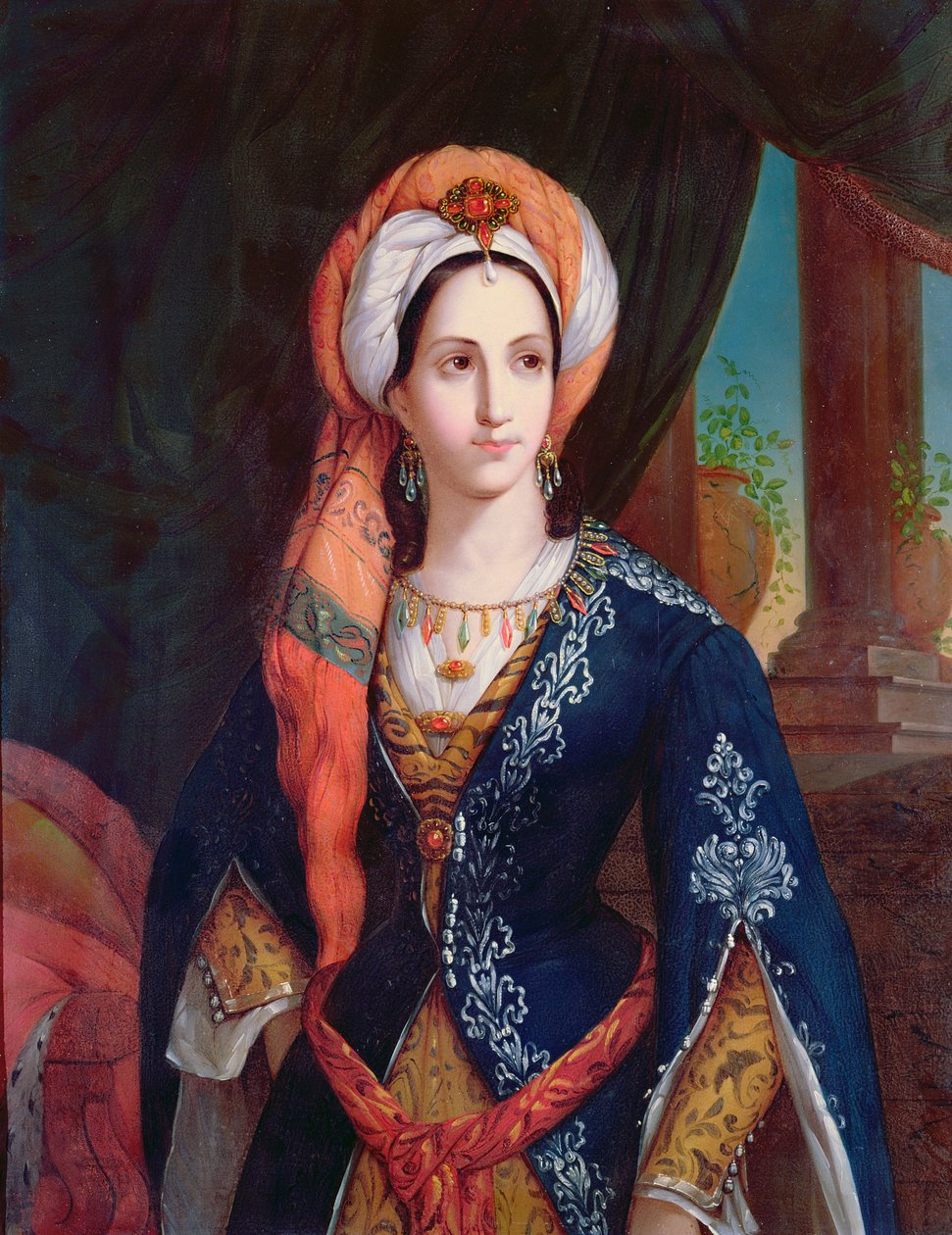 Portrett av skuespillerinnen Mlle Rachel i rollen som Roxanne for stykket, Bajazet av Jean Racine (1639-99) av French School