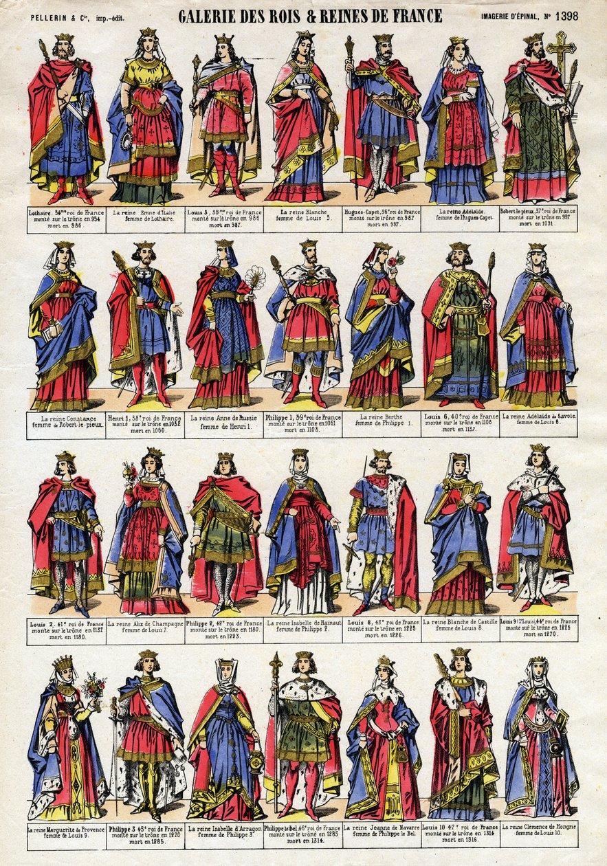 Portrett av kongene og dronningen av Frankrike fra Capetian-dynastiet (Capetian-dynastiet) fra Lothaire (941-986) til Ludvig X Hutinen (1289-1316). Epinal avbildning fra slutten av 1800-tallet. Privat samling. av French School