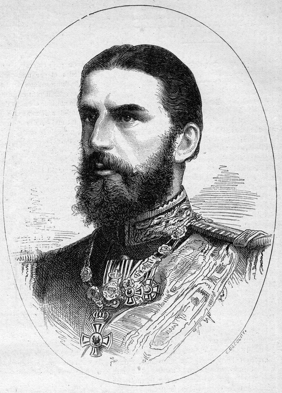 Portrait of the prince of Romania Charles de Hoenzolern Sigmaringer (1839-1914), future king under the name of Charles I (Carol I). Engraving in “” Le Monde Illustré”” n°1054 of 23 June 1877. av French School