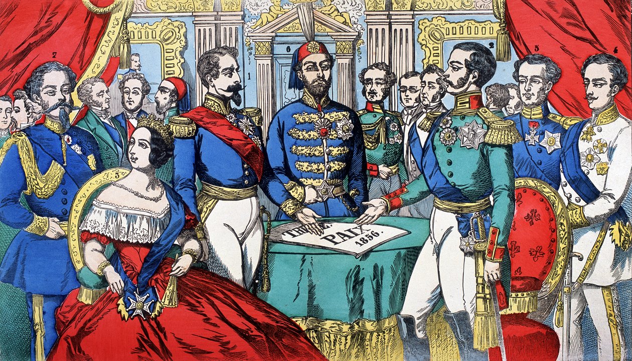 Portrett av Europas suverene under fredsavtalen i 1856: fra venstre til høyre, Victor Emmanuel II (Victor Emmanuel) (Vittorio Emanuele), konge av Sardinia, Victoria, dronning av England, Napoleon III, tyrkisk keiser, Alexander II, konge av Russland, F av French School