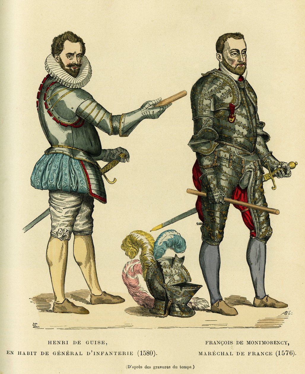 Portretter av Henri I de Guise, kjent som Balafre (1549-1588) i frakken til infanterigeneral i 1580 og av Francois de Montmorency (1530-1579), marechal av Frankrike rundt 1576. Fargegravering, i "France et les francais a travers les siecles"" av French School