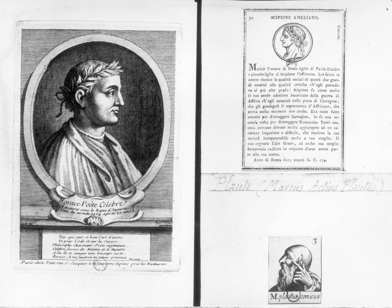 Portretter av Horace (65-8 f.Kr.) Scipio Aemilianus (Africanus Minor) (185-129 f.Kr.) og Plautus (ca. 254-184 f.Kr.) av French School
