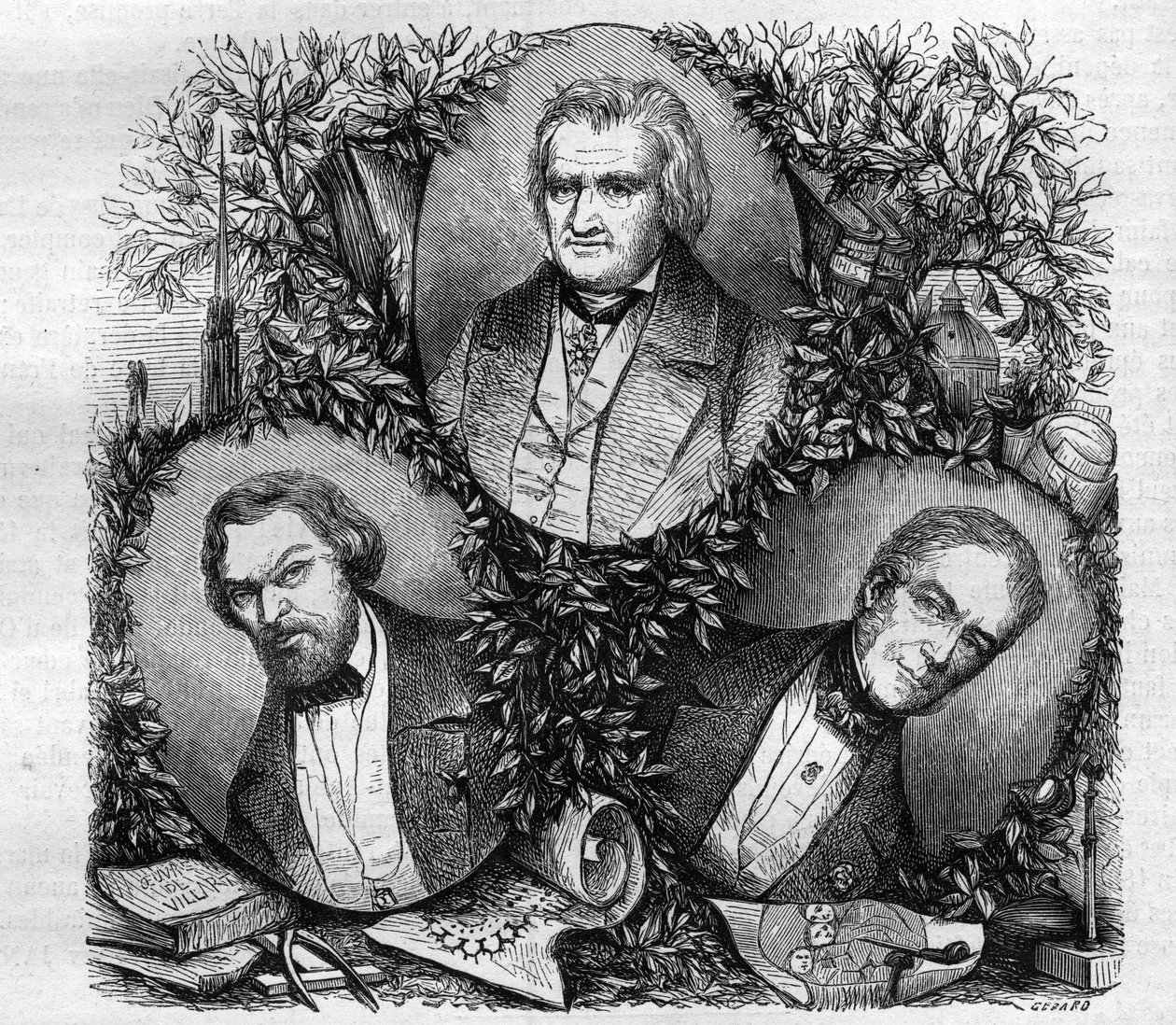 Portraits of Jean Baptiste Antoine Lassus (1807-1857), French architect (left); Charles Lacretelle Jeune (1766-1855), French historian and lawyer (centre); and Baron Auguste Gaspard Louis Desnoyers (1779-1857), French engraver. Engraving from 1858. av French School