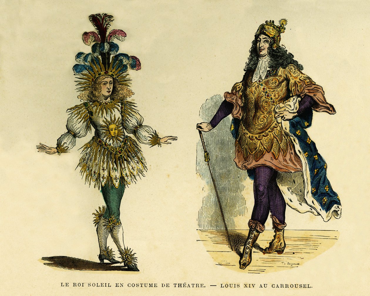Portretter av kong Ludvig XIV (1638-1715), i teaterdrakt og karusell. Fargegravering, i «France et les francais a travers les centuries»» av Augustin Challamel, F.Roy-redaktør, Paris 1882. Selva-samlingen. av French School