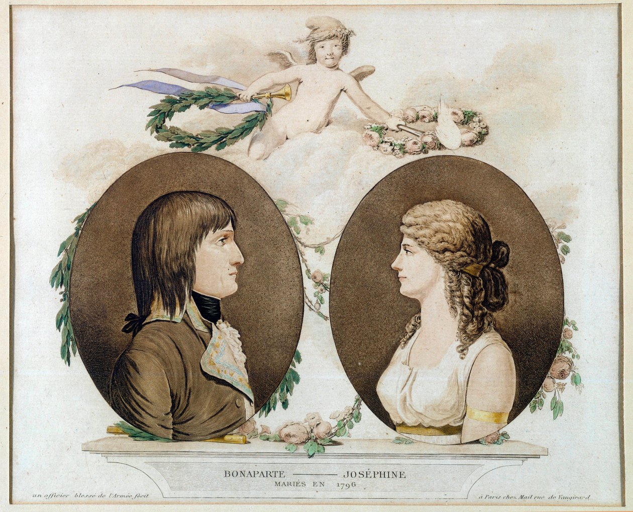 Portretter av Napoleon Bonaparte (1769-1821) og Josephine de Beauharnais (1763-1814) giftet seg i 1796”” Anonym akvarell rundt 1800. Søn 0,21x0,23 m Malmaison, musee du chateau av French School