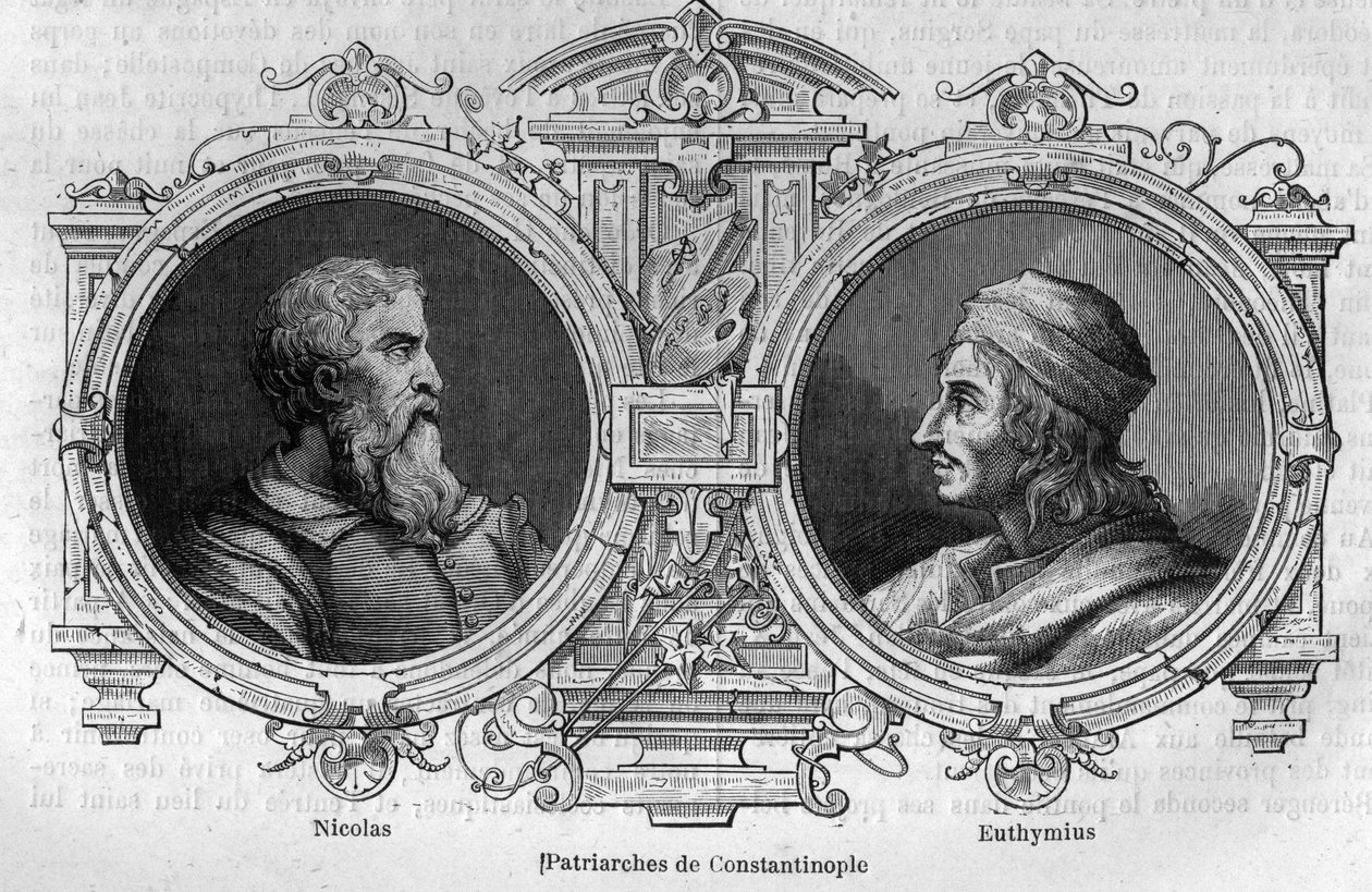 Portretter av mystikeren Nikolas (900-tallet) og Euthymius av Athos (955-1028), patriarker av Konstantinopel. Gravering i "Histoire des Papes-Rois-Queen and Empereurs a travers les centuries"" av Maurice Lachatre av French School